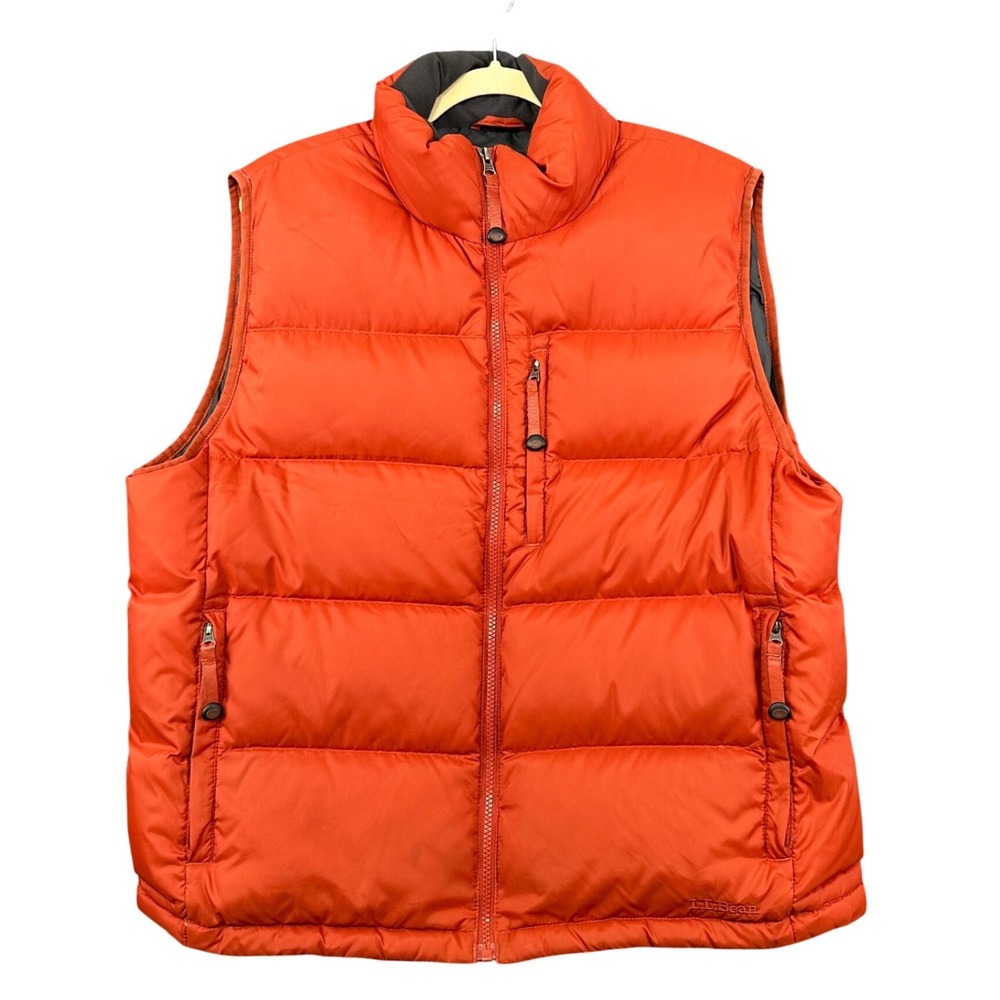 LL Bean Goose Down Puffer Vest Mens Large Regular Orange Quilted 0FKF9